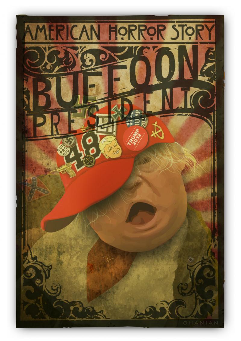 Poster representing Trump as a buffoon.