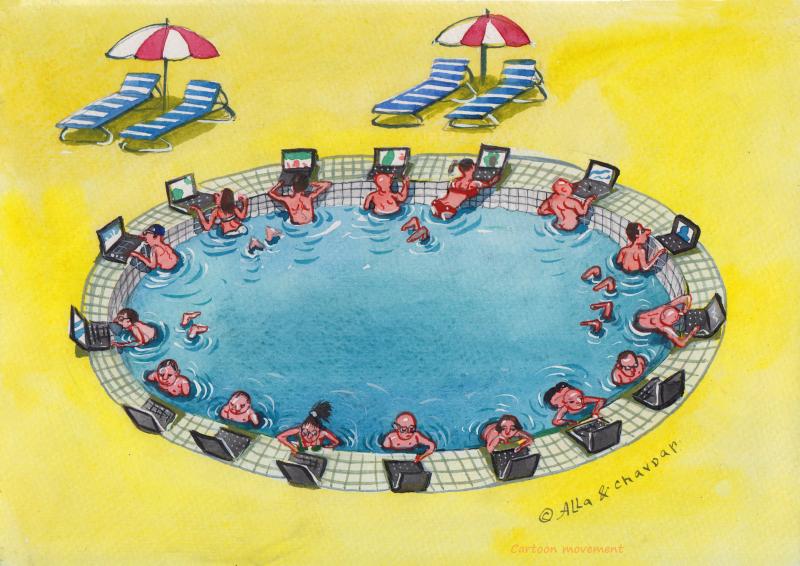 Office workers using their laptops in the swimming pool
