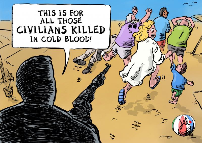 Cartoon showing the silhouette of a gunman. Several civilians are running away from him in a panic as the gunman says: 'This is for all those civilians killed in cold blood!'