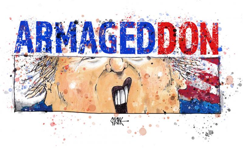 Close-up of a screaming Donald Trump with the banner, ARMAGEDDON, emphasising the'DON' in red letters