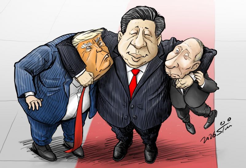 Xi Jinping hugging Trump and Putin, with both of them obviously not in control of their position.