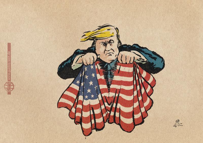 Cartoon of Trump ripping an american flag into two