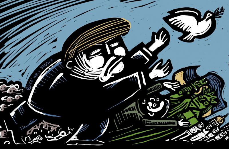 Trump crushing Zelensky, the Statue of Liberty, civilians and buildings trying to catch the dove of peace.