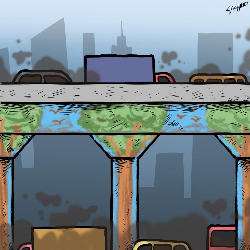Cartoon showing a viaduct in a city filled with polluting cars. Trees are painted on the pillars holding up the viaduct.