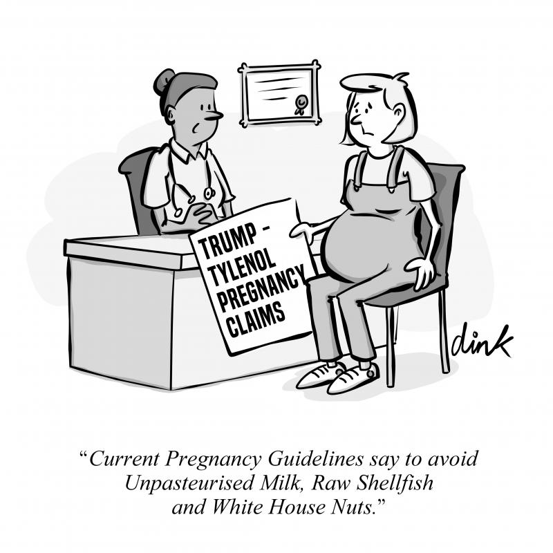 A worried pregnant woman is at a Doctor's surgery holding a newspaper which reads ' TRUMP -TYLENOL PREGNANCY CLAIMS'.  The Doctor says "Current Pregnancy Guidelines say to avoid Unpasteurised Milk, Raw Shellfish and White House Nuts."