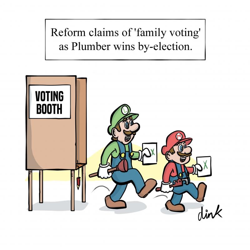Headline says 'Reform claims of 'family voting' as Plumber wins by-election.' Bouncing out from a British voting booth Mario and Luigi from Super Mario Bros are clutching ballots marked with a green X