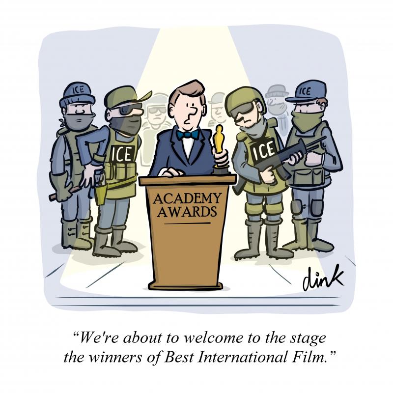 An announcer at the Oscars says “We're about to welcome to the stage the winners of Best International Film.” behind him in the shadows are a troop of ICE officers.