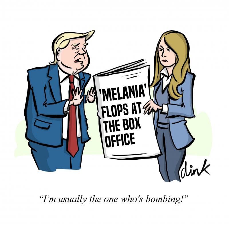 An angry Melania Trump holds a newspaper with the headline ''MELANIA' FLOPS AT THE BOX OFFICE'. Donald Trump says “I’m usually the one who's bombing!”s to her
