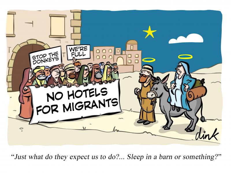 Mary and Joseph are on the way to Bethlehem. As they approach the Inn a group of protestors are blocking their entrance. The crowd hold banners that say, ‘Stop the donkeys,’ ‘We’re full’ and ‘No Hotels for Migrants’. Mary says “Just what do they expect us to do?... Sleep in a barn or something?”
