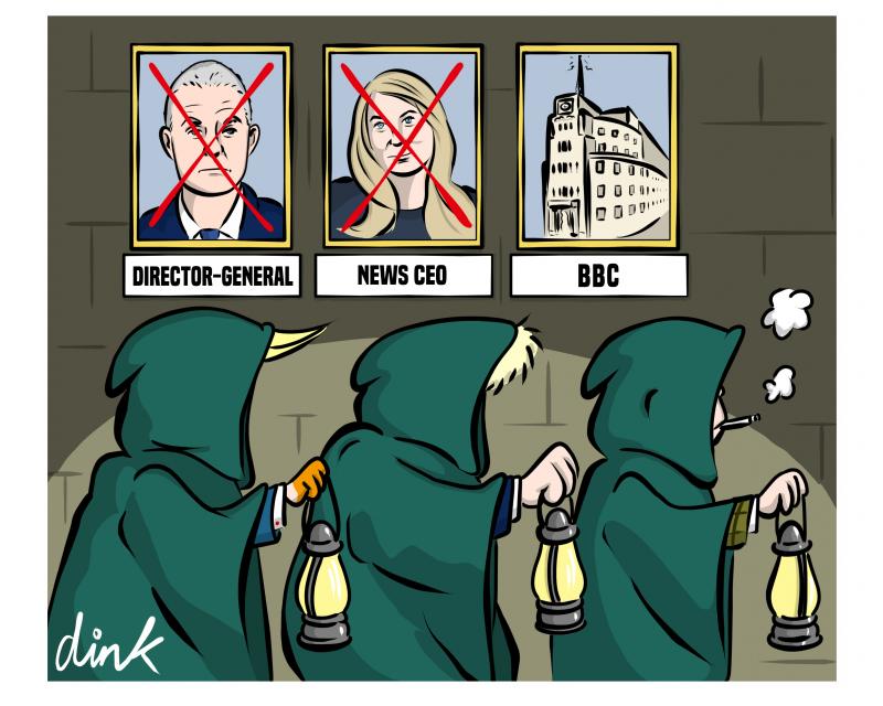 On a wall hang three pictures. BBC Director General Tim Davie, BBC News CEO Deborah Turness, and the BBC itself. Davie and Turness have been banished with a red cross through them. Three hooded and cloaked figures (Like the BBC show 'The Traitors') walk past. There's a suggestion they could be Trump, Boris Johnson, and Nigel Farage.