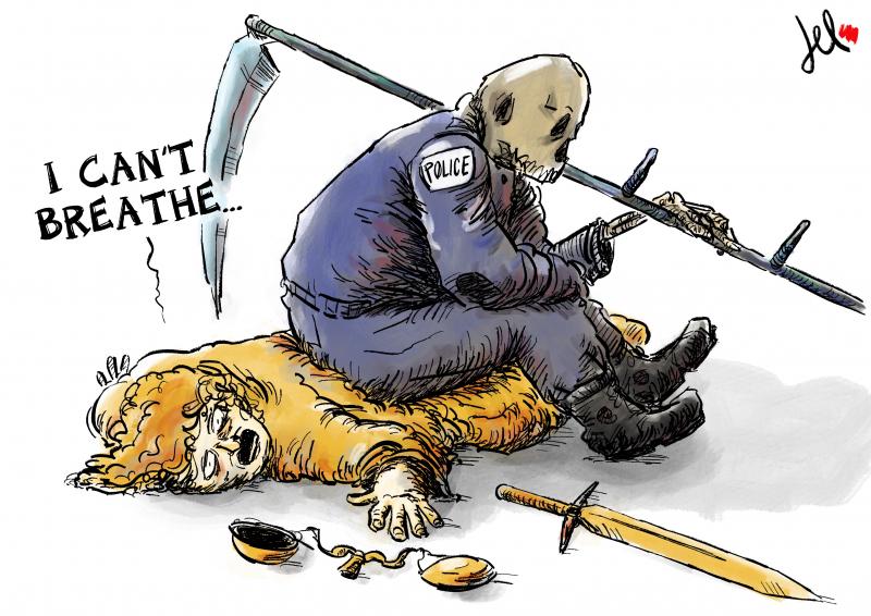 cartoon with death as a policeman and justice as victim by del rosso 