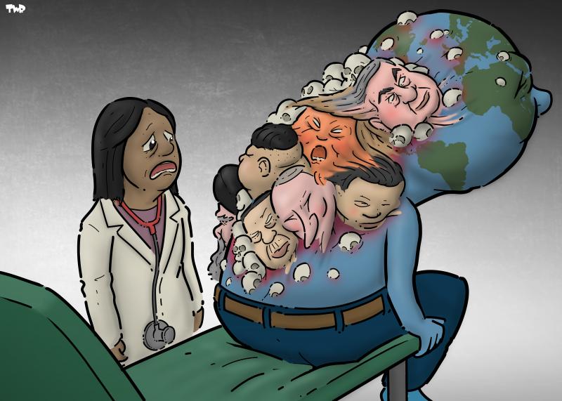 Cartoon showing a person with a head shaped like planet earth sitting on an examination table with his back to a doctor. The doctor has a shocked expression on her face as she examines the patient's back, on which we see a large malignant growth made up of the faces of Trump, Netanyahu, Putin, Khamenei, Kim Jong-Un, Xi Jinping and Erdogan.