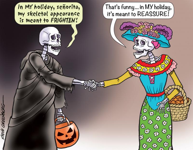 A Catrina from Dia de Los Muertos meets Halloween as they compare their skeletal differences