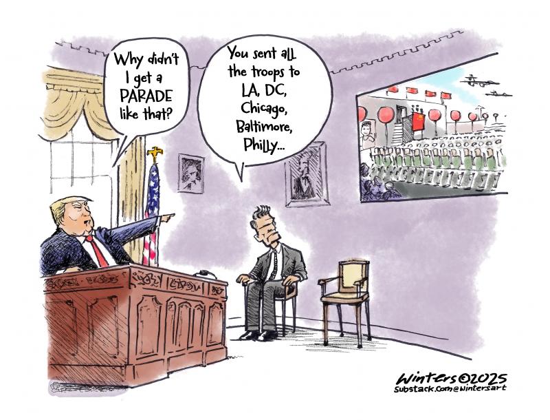 Trump and Hegseth in the Oval Office watching Chinese military parade
