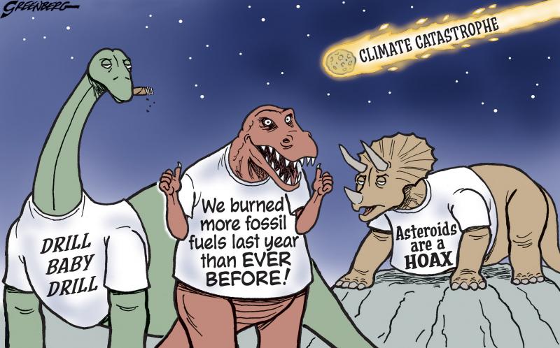 Dinosaurs celebrate record use of fossil fuels as an asteroid nears
