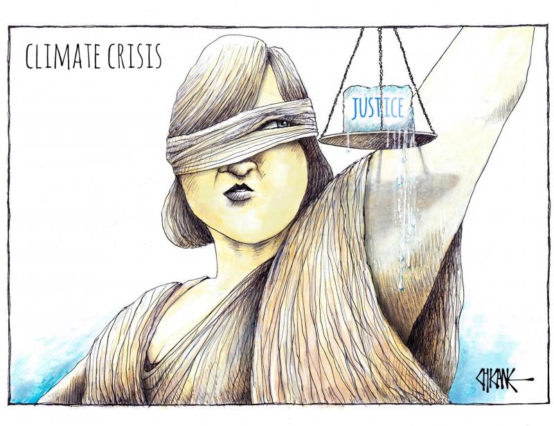 Lady Justice has a melting block of ice in one of her unbalanced scales, addressing the climate crisis. Is it  justice or just ice?