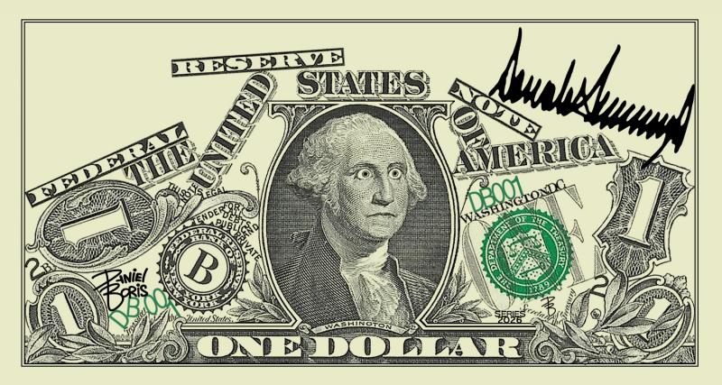 U.S. Dollar Bill shown with George Washington shown, wide-eyed, as the graphic elements of the currency note have all fallen around him. Donald Trump's signature is seen written on the note.