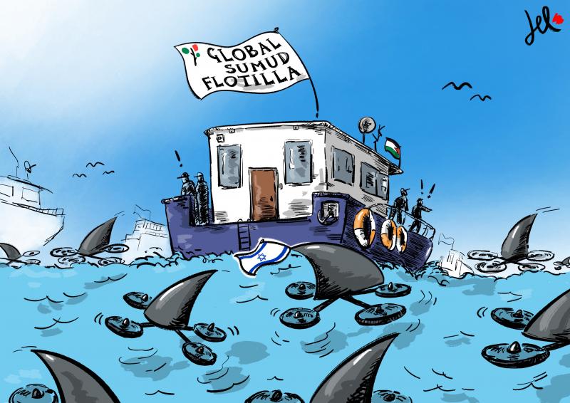 cartoon about israeli drones attack the global sumud flotilla