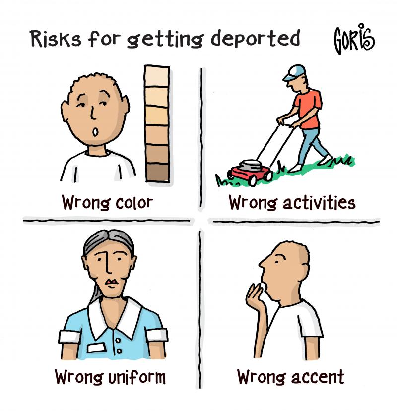 Cartoon with 4 panels. The top text reads ‘Risks for getting deported’. The first panel shows a person next to a color sampling card with different skin tones and the text ‘wrong color’. The second panel shows a person mowing the lawn and the text ‘wrong activities’. The third panel shows a person in a maid’s uniform and the text ‘wrong uniform’. The fourth panel shows a person with a hand to his mouth and the text ‘wrong accent’.