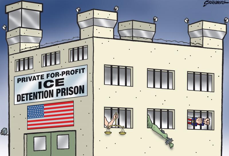 America's cruel ICE Detention Prisons have ensnared Justice, Liberty and Uncle Sam