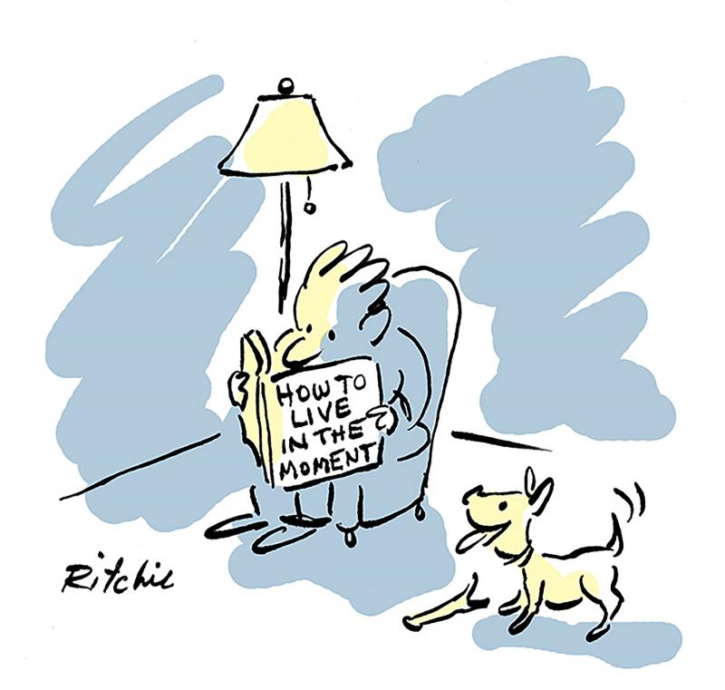 Overly focused man reads a book called 'How to Live in the Moment' while his dog begs him to come outside and play.