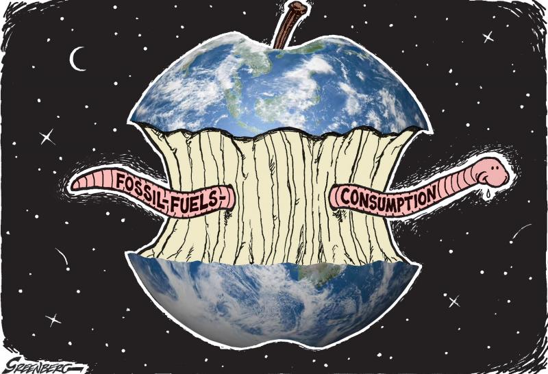 Earth as an apple being ravaged by a fossil-fuel use worm