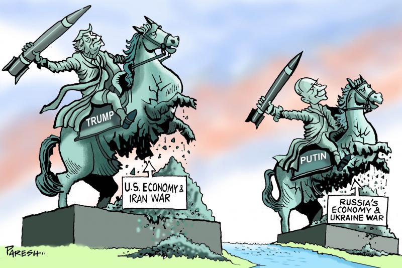 Cartoon showing two statues next to each other: one of Putin riding a horse and holding a missile and one of Trump riding a horse and holding a missile. The statues are crumbling from the bottom up, slowly disintegrating. Labels pointing to the statues read: ‘US economy and Iran war’ and ‘Russia’s economy and Ukraine war’.