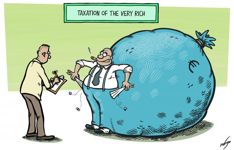 Cartoon showing a business man pulling out and showing empty trouser pockets to a tax inspector. Meanwhile, the entire backside of his pants is shaped into the form a giant bag filled with money.