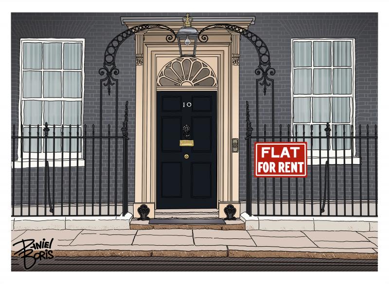 The exterior of 10 Downing Street seen with a red "Flat For Rent" sign attached to the gate. 