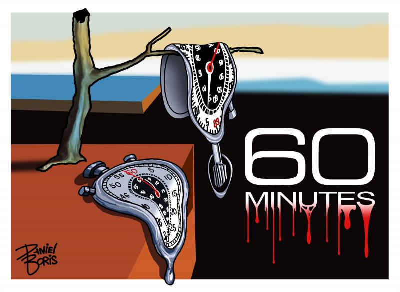 Pardody of Salvador Dalí’s "The Persistence of Memory." In this version we see melting stop watches and the CBS "60 Minutes" logo to the right colored white. The bottom of the word, "Minutes" is melting and changing color to blood red.