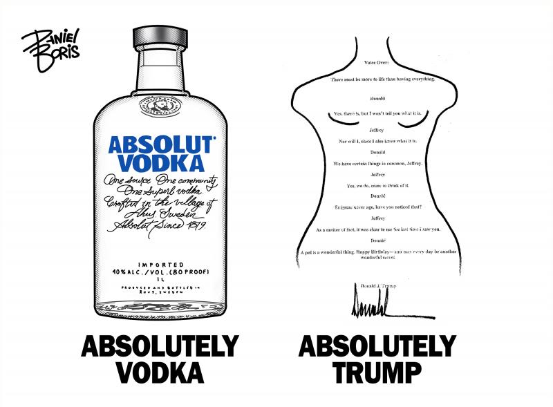 A bottle of Absolut Vodka seen next to the Trump birthday drawing to Epstein. Text below each reads: Absolutely Vodka - Absolutely Trump