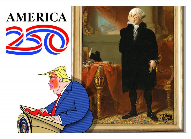 Trump seen at a lectern. Famous portrait of George Washington seen behind him, In this version, Washington has his hand on his face -  a face plant as it is known. The America 250 logo is seen at left.