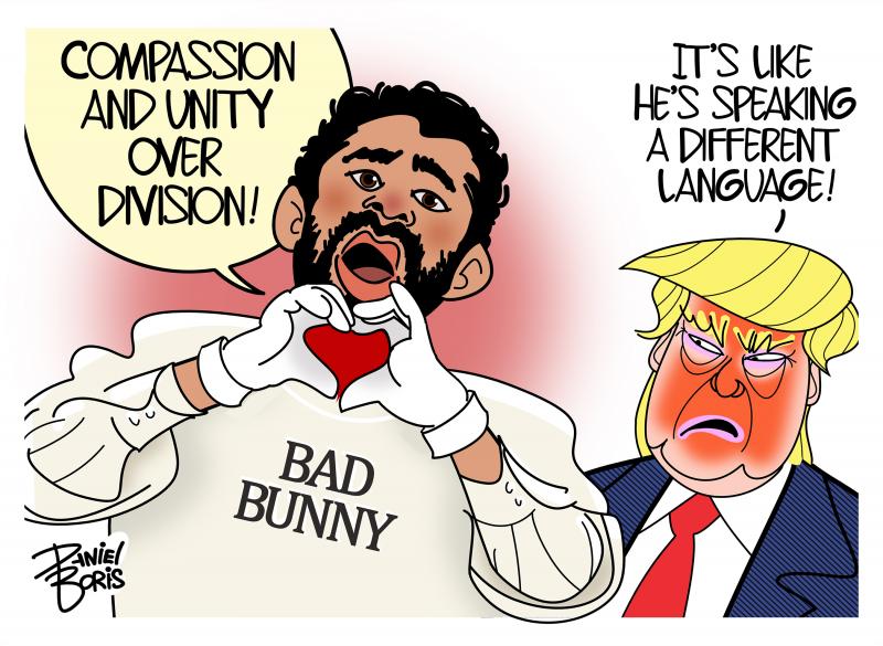 Bad Bunny singing on Left. Trump looking at him on the right. BB: "Compassion and unity over division!" Trump: "It's like he's speaking a different language!"