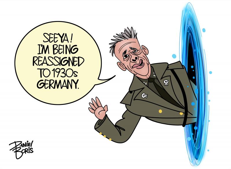 ICE's Greg Bovino seen leaning out of a time portal, waving. "Seeya! I'm being reassigned to 1930s Germany."