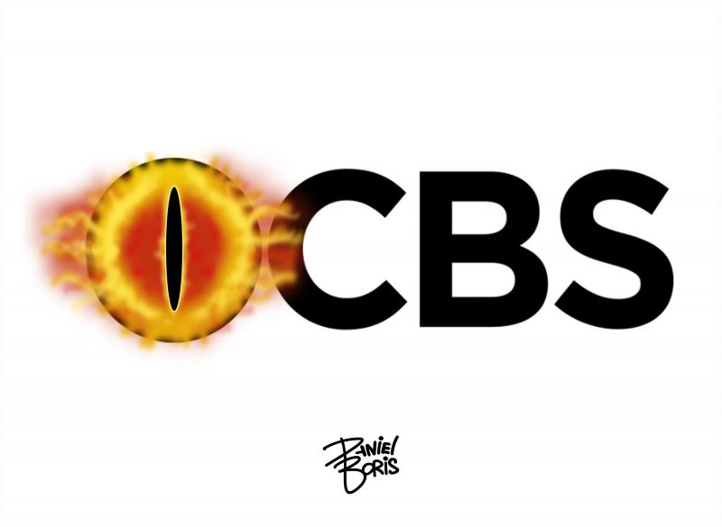 The CBS broadcasting logo seen, execpt with the Eye of Sauron replacing the regular eye logo.