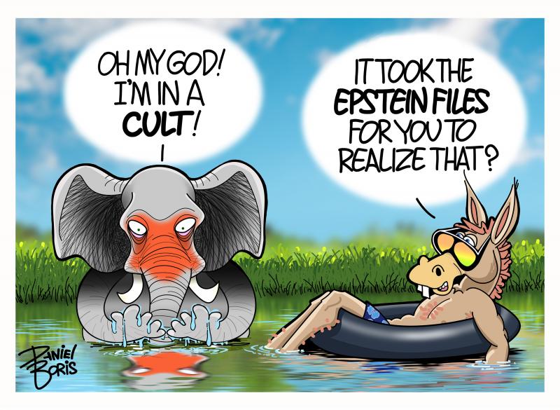 An elephant with orange stain on his face is seen in a pond, waste deep in the water. a Donkey is seen floating in an inner tube to the right of him. The elephant has wide eyes as he looks down at his hands and his reflection. Elephant: "Oh my God! I'm in a CULT!" Donkey: "It took the Epstein Files for you to realize that?!"