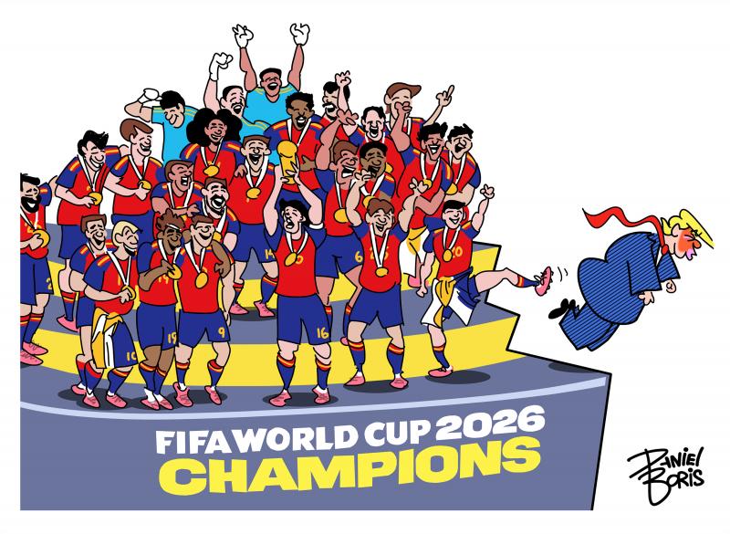 The Spanish football team seen celebrating their World Cup victory atop the official podium. The player who is farthest to the right on the stage raises a foot, kicking Trump off stage.