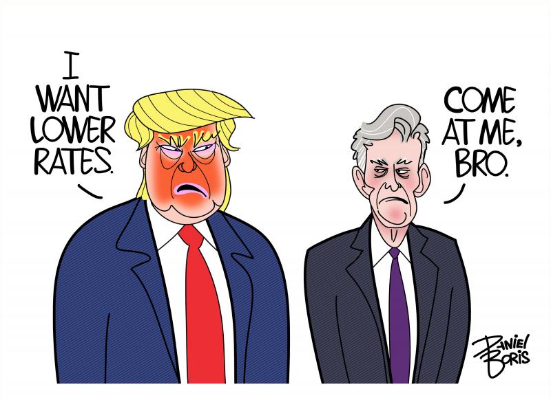 Trump and Fed Chairman Powell seen standing next to each other. Trump: "I want lower rates." Powell: "Come at me, Bro."