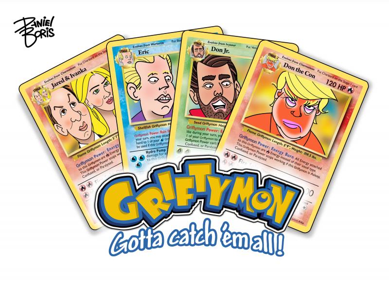 Pardody of Pokemon cards. These are called, "Griftymon" cards. Four cards shown, with the faces of Donald Trump, Don Jr., Eric, Jared Cushner, and Ivanka.
