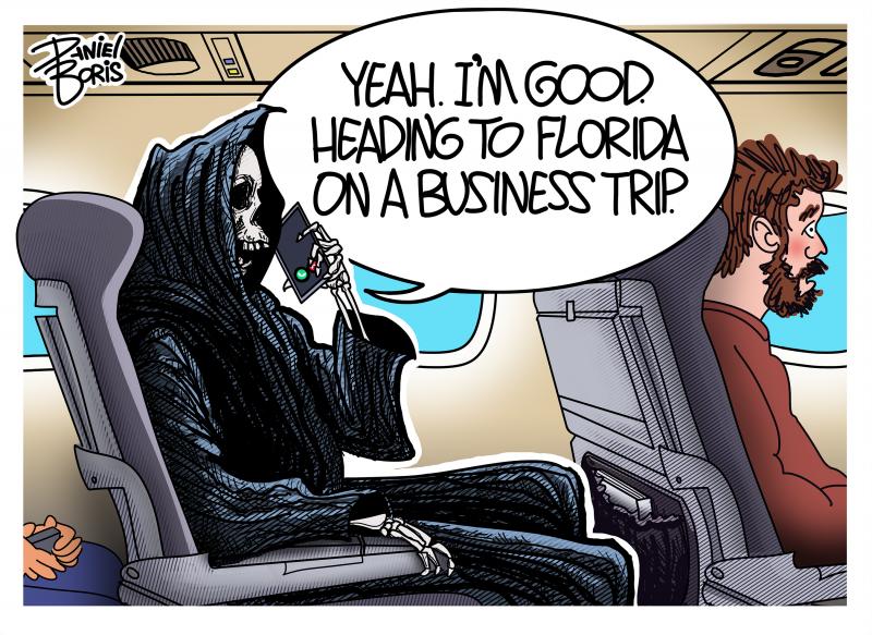 Grim Reaper seen sitting in the seat on a passenger jet, taking on his cell phone. "Yeah. I'm good. Heading to Florida on a business trip."