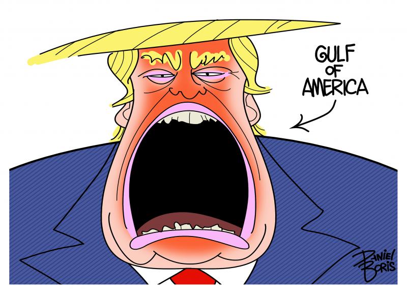 Image of Donald Trump with gaping open mouth. Label with arrow pointing to mouth: "Gulf of America."