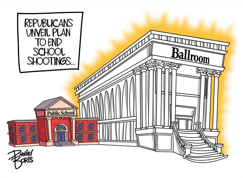 "Republicans unveil plan to end school shootings". A public school is shown, dwarfed by a massive ball room attached to it.
