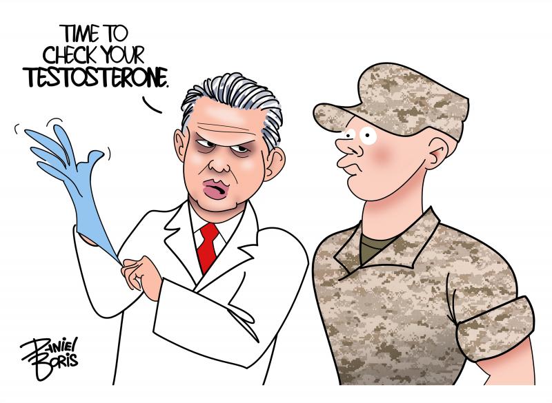 U.S. Secretary of Defense Pete Hegseth seen dressed as a doctor, slapping on a rubber glove as he looks at a wide-eyed marine standing nect to him at attention. "Hegseth: "Time to check your testosterone."