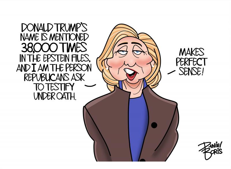 Hillary Clinton is shown looking at the viewer. "Donald Trump's name is mentioned 38,000 times in the Epstein files, and I am the person Republicans ask to testify under oath. Makes perfect sense!"