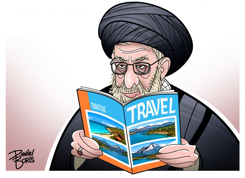 Iran's Ayatollah Khamenei shown reading a travel brochure that pictures tropical beaches on the cover.