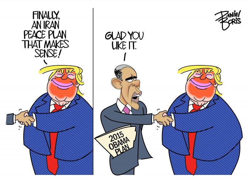 Two Panel Cartoon. Panel One: Trump seen smiling as he shakes the hand of somebody off screen. "Finally, a peace plan that makes sense!" Panel Two: We see that Trump is shaking hands with former President Obama, who has a document in his pocket labeled, "2015 Obama Plan." Obama: Glad you like it."