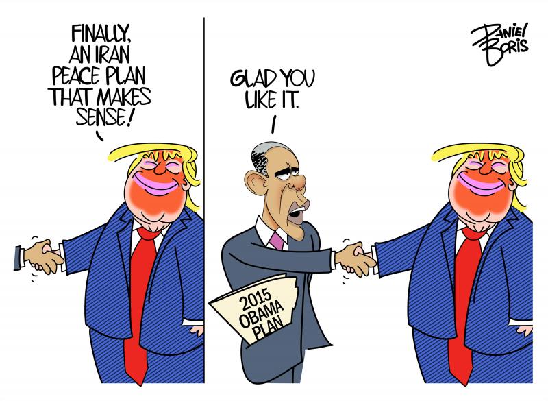 Two Panel Cartoon. Panel One: Trump seen smiling as he shakes the hand of somebody off screen. "Finally, a peace plan that makes sense!" Panel Two: We see that Trump is shaking hands with former President Obama, who has a document in his pocket labeled, "2015 Obama Plan." Obama: Glad you like it."