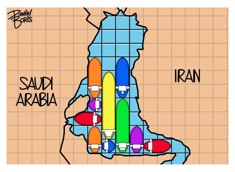 Map of the middle east shown as a Tetris game, zoomed in on the Strait of Hormuz. Brightly colored oil tanker ships seen jammed next to each other at different angles.