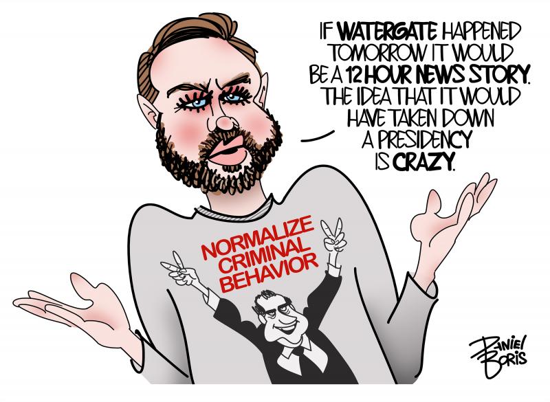 U.S. Vice president JD Vance shown wearing a sweat shirt that shows former president Richard Nixon with hands raised, giving his famous peace fingers salute. The sweat shirt reads, "Normalize Criminal Behavior." JDVance: "If Watergate happened tomorrow it would be a 12 hour story. The idea that it would have taken down a presidency is crazy."