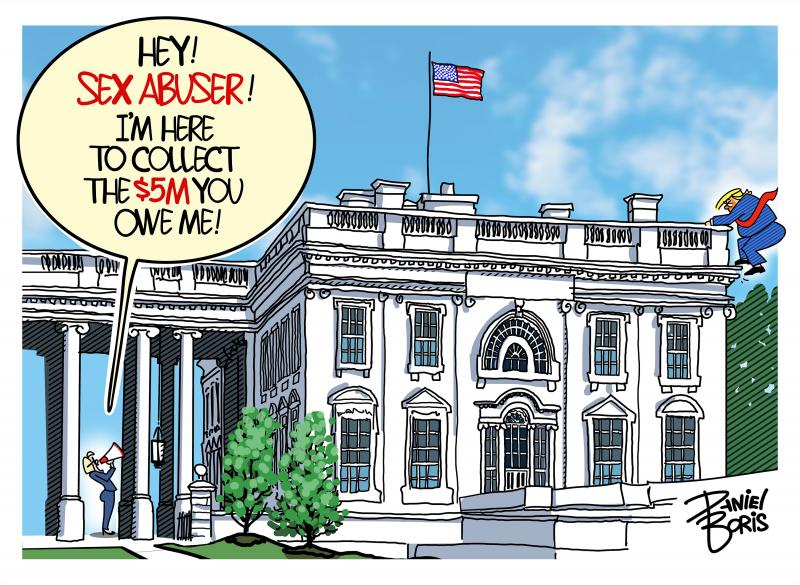 E. Jean Carroll seen at the front of the White House, shouting into a megaphone. Donald Trump seen opposite, going over the top of the white house to escape. "Hey! Sex Abuser! I'm here to collect the $5M you owe me!"